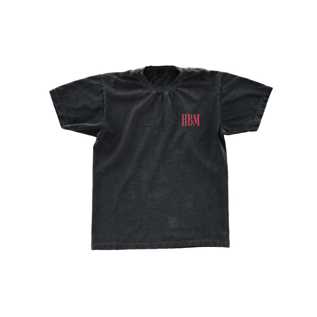Black t-shirt with red 'HBM' logo on a white background