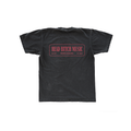 Black t-shirt with red text saying head bitch music on the back against a white background