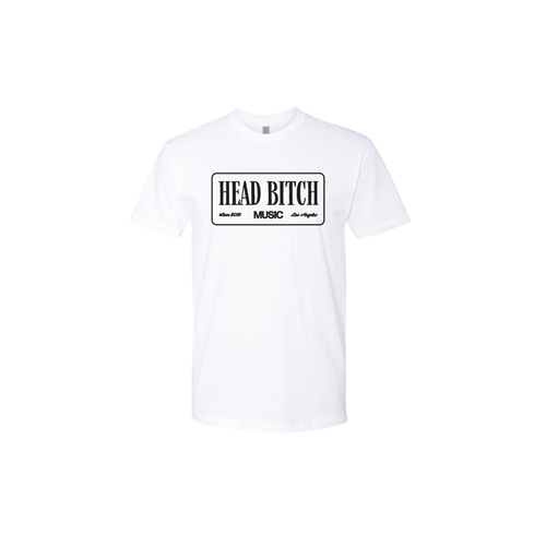 White t-shirt with black 'HEAD BITCH MUSIC' text on a white background