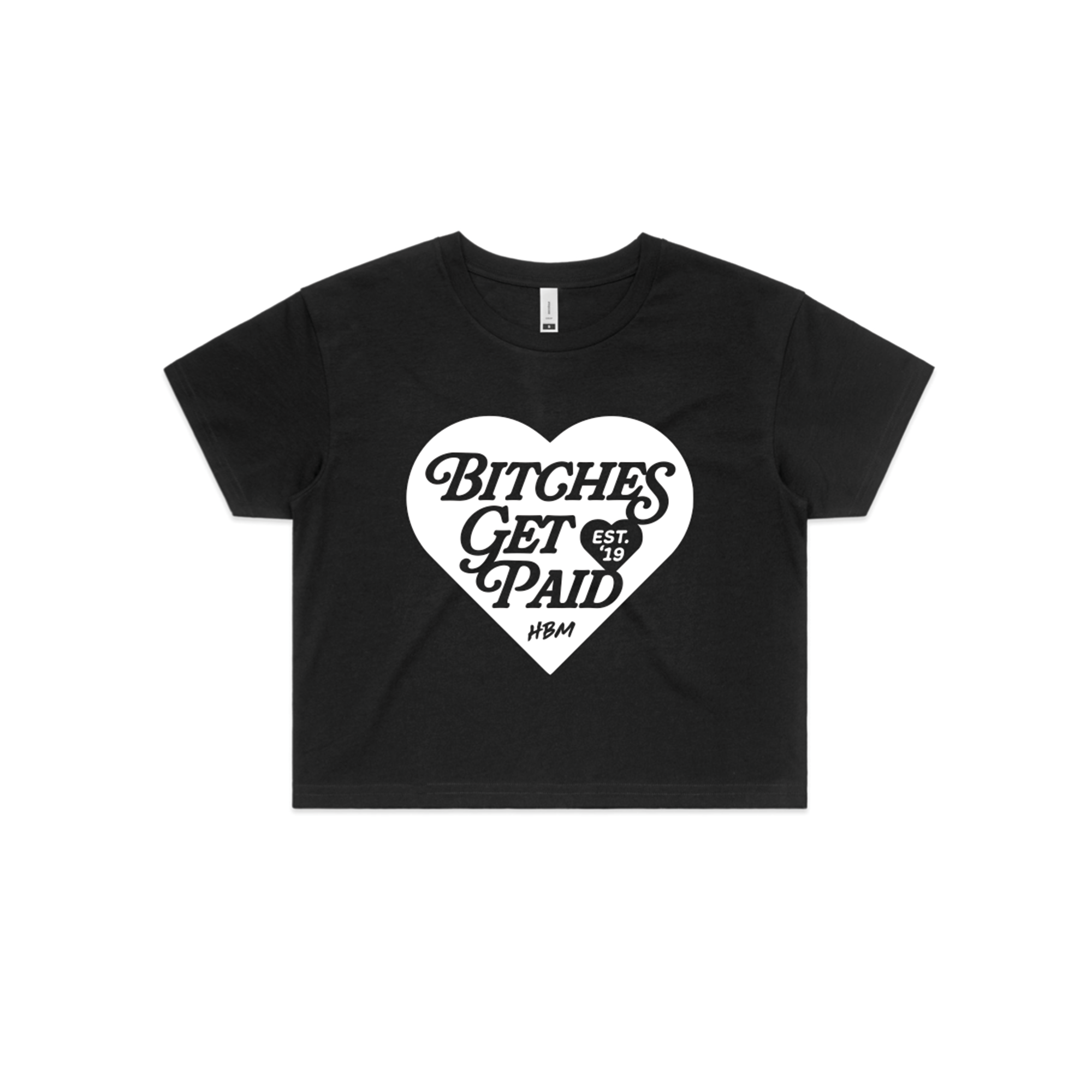 black crop top t-shirt with white heart with black text in it saying 'BITCHES GET PAID' on a white background