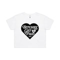 A white crop top shirt with a black heart logo containing text that reads 'BITCHES GET PAID' on a white background