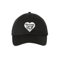 black dad hat with white heart with black text embroidered on it saying "bitches get paid" on a white background