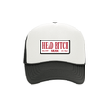 dual tone black bill white front trucker hat with red text saying Head Bitch Music on white background