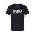 A black short-sleeve crewneck t-shirt with a white graphic print on the chest that reads 'HEAD BITCH MUSIC Since 2019 Los Angeles' inside a rectangular border, shown on a plain white background.