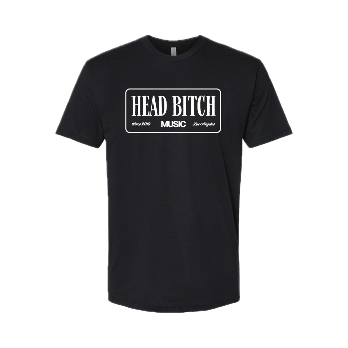A black short-sleeve crewneck t-shirt with a white graphic print on the chest that reads 'HEAD BITCH MUSIC Since 2019 Los Angeles' inside a rectangular border, shown on a plain white background.